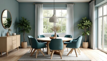 Modern dining area with round wooden table and teal chairs. Large windows show green trees outside. Wooden sideboard with plants and mirror.