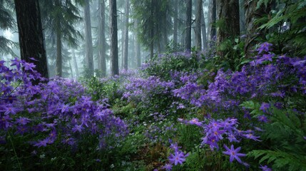 Naklejka premium Purple wildflowers bloom in a serene forest landscape during early morning light in a lush and peaceful environment