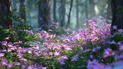 Obraz premium Colorful wildflowers bloom along a forest path in springtime, creating a vibrant and serene atmosphere under the soft sunlight