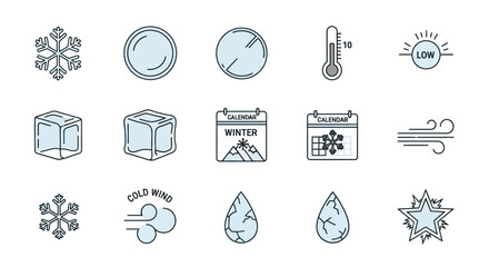 A collection of winter and cold weather themed line icons with blue accents.