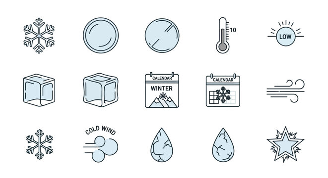 A collection of winter and cold weather themed line icons with blue accents.