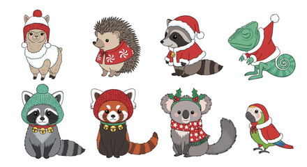 Festive collection of adorable animals wearing holiday-themed hats and outfits, celebrating Christmas.