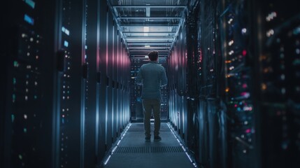 Exploring a modern data center filled with servers at night, highlighting the technology and infrastructure behind digital information exchange