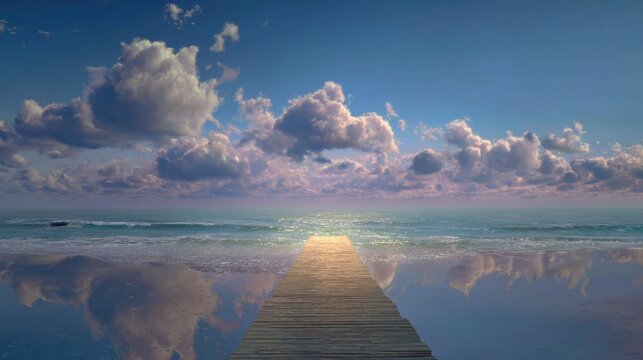 Serene wooden pier extending over calm waters under a vibrant sky filled with fluffy clouds at sunset