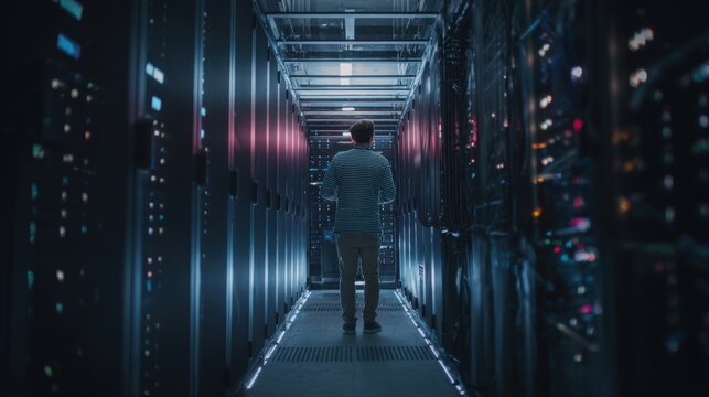Exploring a modern data center filled with servers at night, highlighting the technology and infrastructure behind digital information exchange