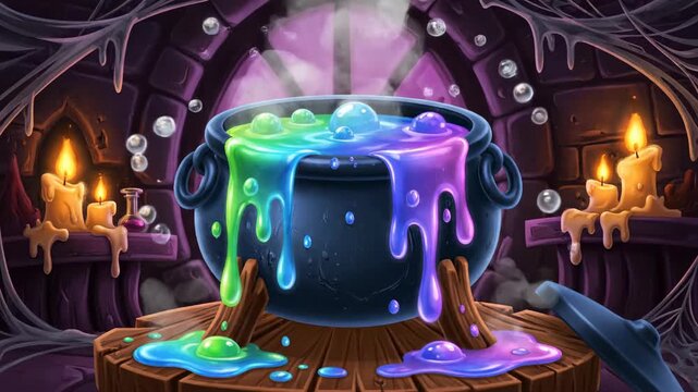 Bubbling cartoon cauldron with colorful mystical potion steaming and overflowing in a spooky alchemist's laboratory visual, illustration, background