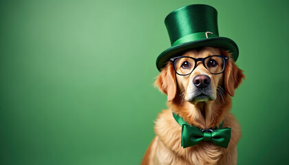 Golden retriever dog wears green hat glasses and bow tie. This canine celebrates Saint Patricks Day with Irish luck. Pet dressed for holiday fun with festive green attire.