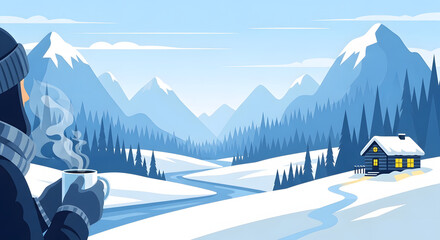 Female traveler holding a hot drink in a snowy winter landscape