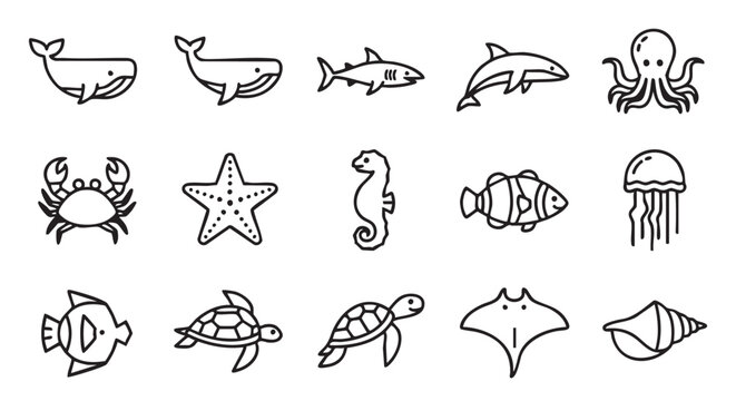 Sea animal outline seamless pattern design whale crab starfish fish turtle