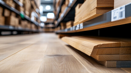 wood planks and building materials stacked in outdoor construction market,