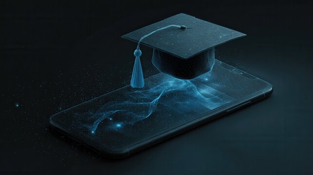 Graduation cap hovering above smartphone, representing the future of online education and virtual learning experiences