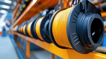 display of colorful electrical wires and extension cords in construction center, organized shelves with copy space