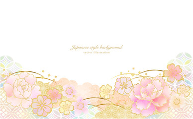ふんわり和柄と花の背景素材