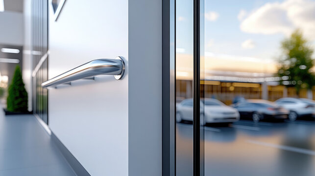 modern exterior of office building with large glass facade and parking lot, contemporary business architecture - Powered by Adobe