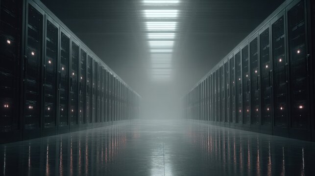 Dark hallway in a modern data center with server racks and fog creating a mysterious atmosphere - Powered by Adobe