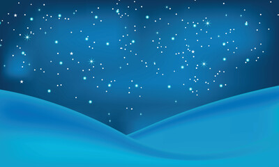 A serene winter night scene unfolds with a deep blue sky, dotted with twinkling stars, and gentle, snow covered hills in the foreground