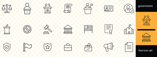 government, society, service, education, reform, health care, legislation, medicine, law and more. Editable line icons. 