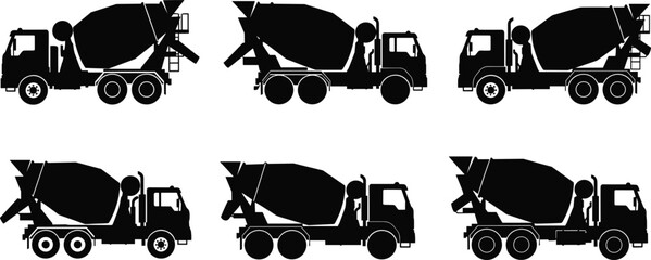 Concrete mixer truck silhouette vector set, construction cement vehicle illustration for building, heavy equipment machinery icons, industrial transport service graphics © Creatives Mind
