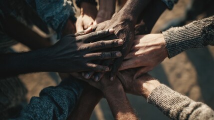 Unity through collaboration in a sunny outdoor environment with diverse hands joining together