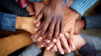 People joining hands in a circle to symbolize unity and teamwork during a community event in a cozy indoor space