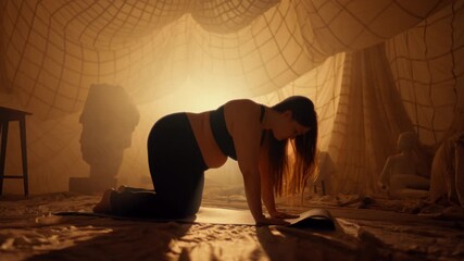 Fitness for pregnant, woman practicing in studio, standing on stand on all fours . Silhouette of athletic overweight lady doing physical exercise for coordination and balance, yoga for good body shape