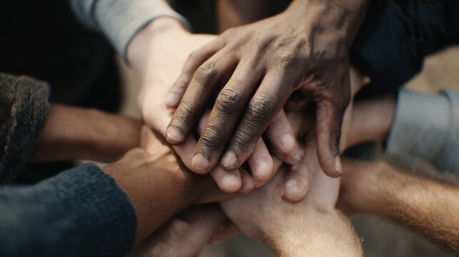 People joining hands together in a circle to show unity and teamwork during a community event in an outdoor park on a sunny day