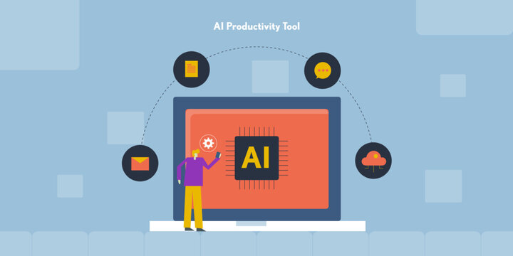 AI engine on digital workspace automates email, content, chat and cloud workflow enable office employee to use productivity tool on mobile device.