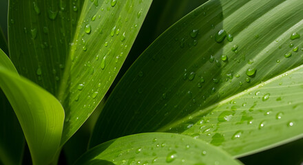 Close up of vibrant green leaves with fresh water droplets after rain.