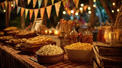 Colorful night market with freshly prepared snacks and warm lights creating a festive atmosphere