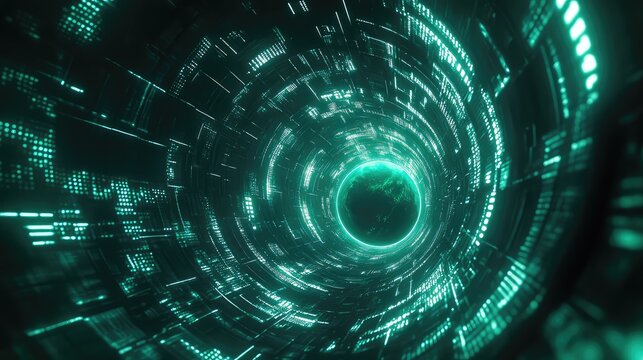 Abstract glowing digital data tunnel connecting global network