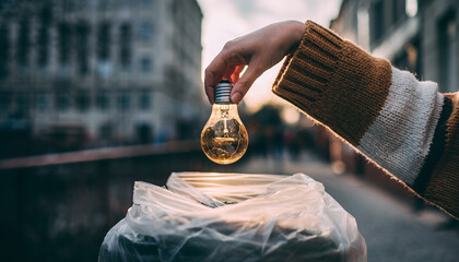割れた電球を捨てる女性の手