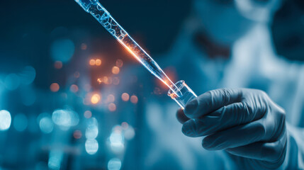 A scientist uses a pipette in a modern laboratory, a scene of precise research and experimental analysis