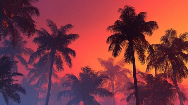 Vibrant sunset casts colorful light over palm trees on a tropical evening