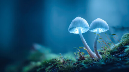 Fototapeta premium Glowing bioluminescent mushrooms in misty forest moss, magical nature nightscape