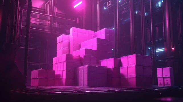 Stacks of futuristic shipping boxes in cyberpunk warehouse