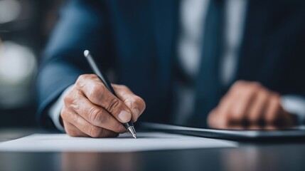 Close-up of a hand signing a legal document on a tablet soft daylight reflection on a minimalist glass desk tech concept visual