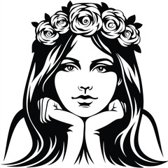 Rose crowned woman delicately rests her chin upon hands in a black and white portrait