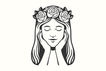Serene monochrome woman with closed eyes and a floral crown rests her face on her hands
