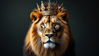 Majestic lion wears golden crown, looking forward intensely. Its mane is full and bright, symbolizing power and royalty. This regal beast is king of its domain.