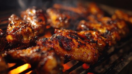Perfectly grilled chicken wings cooking on an outdoor barbecue with smoke rising in the evening sun
