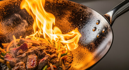 Fiery wok cooking delicious food with flames and high heat.