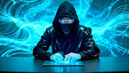 Digital Phantom: Hooded Hacker Navigating Neon Data Streams