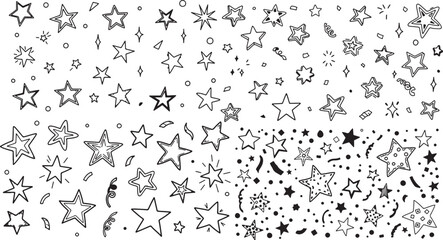 Star background confetti set. Hand drawn doodle star shapes and birthday confetti with cute sparkle, holiday twinkle brush elements, and glowing cartoon kid pattern. Vector illustration black color wh