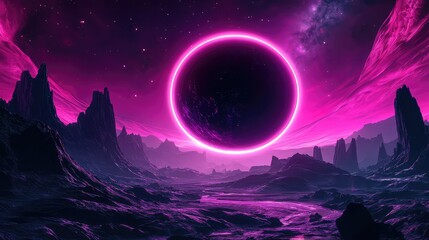 Fototapeta premium Alien planet with neon glowing eclipse over futuristic landscape