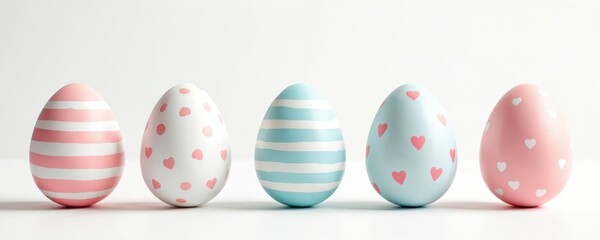 Five Easter eggs stand in a row. Eggs feature pastel colors with stripes dots and hearts. Light background. Minimalistic spring design. Concept for easter decor hunt egg painting event.