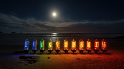Colorful vintage tubes glow on a beach under a full moon at night in a serene coastal scene