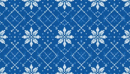 A repeating patterned design featuring ornate white snowflake and diamond shapes on a vibrant blue background, textured to resemble knitwear