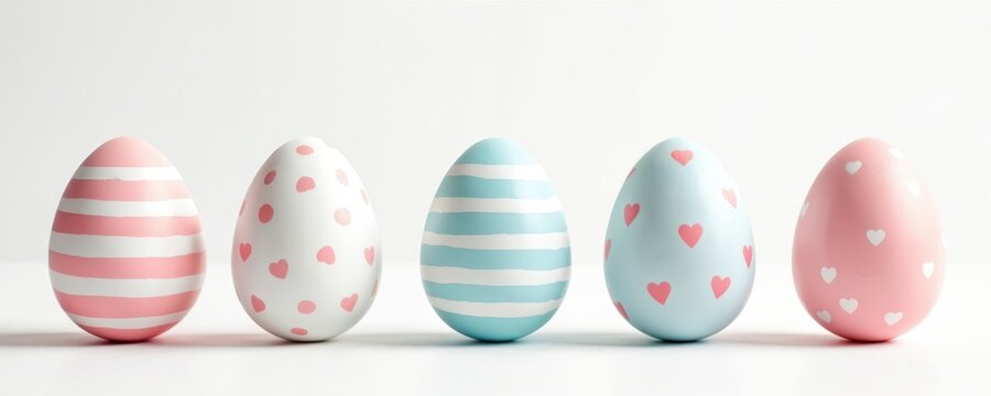 Five Easter eggs stand in a row. Eggs feature pastel colors with stripes dots and hearts. Light background. Minimalistic spring design. Concept for easter decor hunt egg painting event.