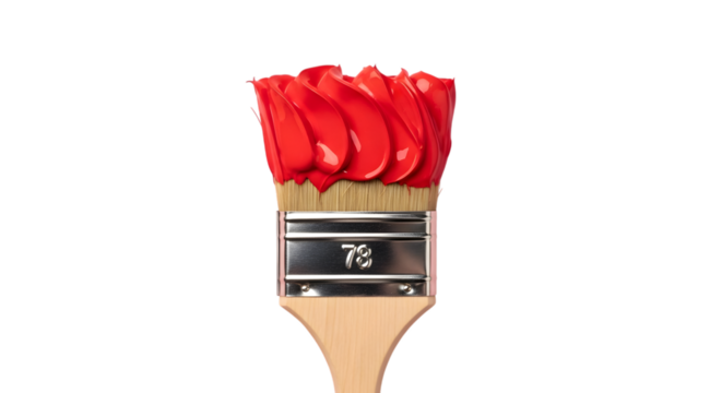 Close up of a paintbrush loaded with thick vibrant red paint against a solid black background