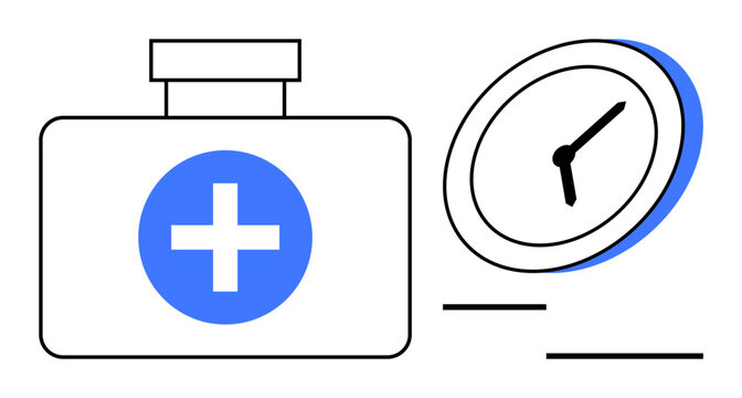 First aid kit and clock represent timely medical assistance and care. Ideal for health awareness, emergency response, healthcare services, medical support, time management, priority action, simple